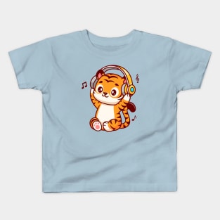 Cute Tiger Listening Music With Headphone Cartoon Kids T-Shirt